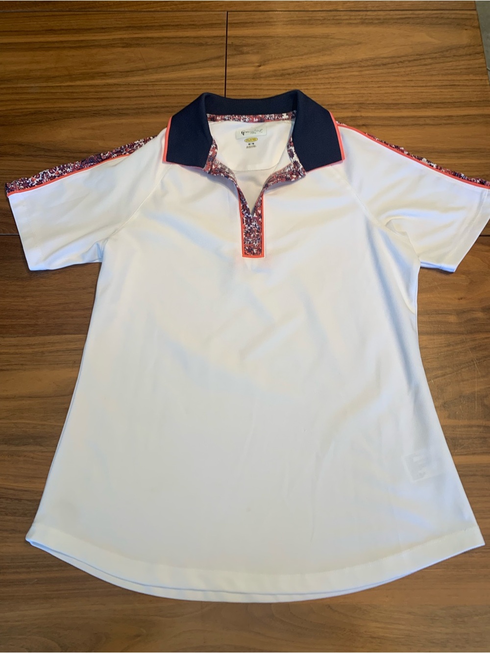 Greg Norman women's White Polo, Navy Collar Coral Trim, short sleeves, Sz M